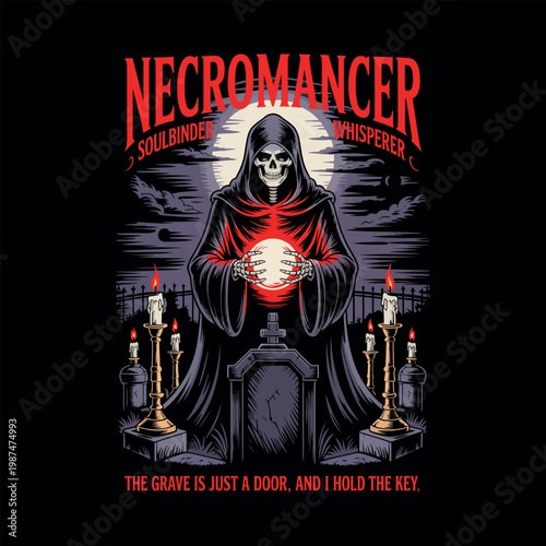 Necromancer holding glowing orb in graveyard with candles.