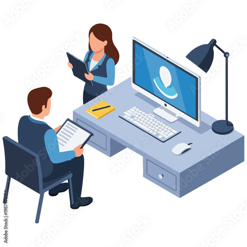Isometric Business Office Collaboration Vector Illustration Template