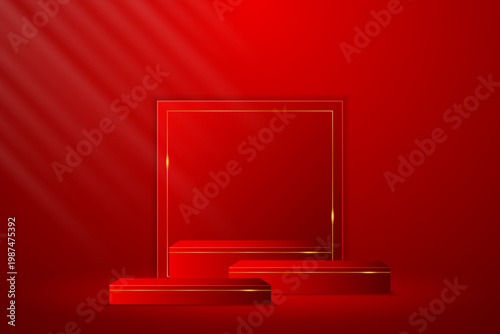 Multi-tiered red podium with red squares with elegant gold lines on the back for product presentation. Stage or podium