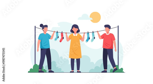 Happy People Hanging Laundry Outdoors on Wash Line