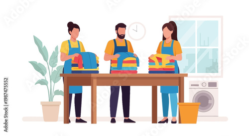 Team of Professionals Sorting and Organizing Laundry in Laundry Room