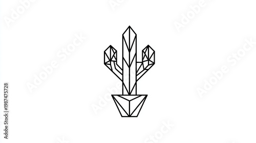 A minimalist line drawing of a crystal cactus in a pot on a white background