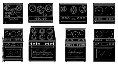 Kitchen Stove Top View Blueprint Vector – Detailed AutoCAD Cooking Appliance Layout Plan White Outline on Black Background
