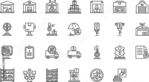 Warehouse storage and climate controlled logistics outline icon set including inventory shelving temperature monitoring cold chain distribution symbols vector collection