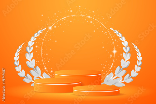 Orange podium with elegant white lines for the best awards or product display. stage or podium