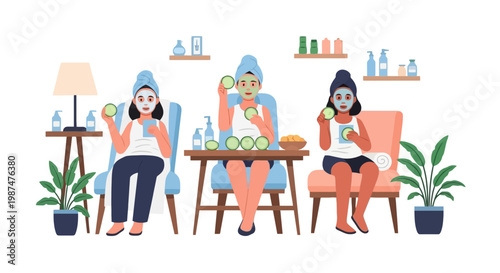 Young Women Drinking Coffee and Using Mobile Phones in Cozy Living Room