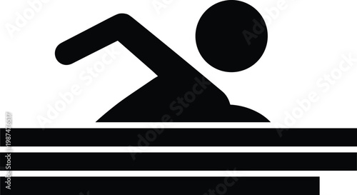 A simple black silhouette depicts a swimmer in motion above horizontal lines representing water high quality professional detailed modern elegant stylish