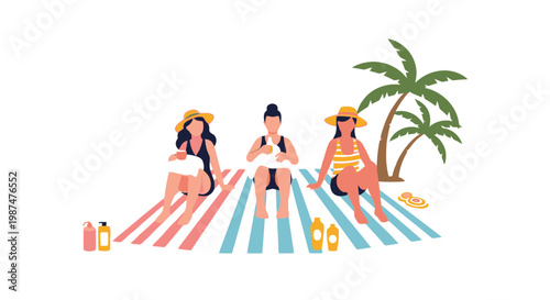 Young Women Relaxing on Beach Towel with Palm Trees and Sun Accessories