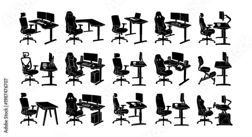 Gaming desk and office chair silhouettes, 15 computer workstation icons, ergonomic furniture set for home office and esports setups