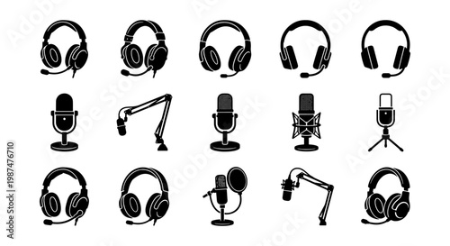 Professional podcast equipment icons set, 15 black vector microphone and headset elements, studio recording gear for streaming and radio broadcasting