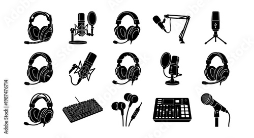 Professional podcasting equipment icons, 15 black silhouette vector elements, studio microphone and gaming headset set, audio recording gear