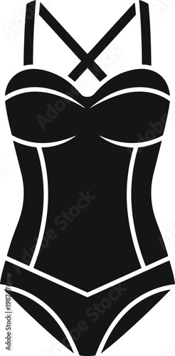 A minimalist black and white illustration depicts a classic one piece swimsuit design with criss cross straps high quality professional detailed