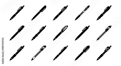Black pen icon set, 15 ballpoint and fountain pen vector illustrations, office stationery collection, writing tools for business and education