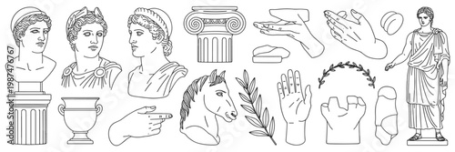 Collection Of Ancient Greek And Roman Statues Busts And Architectural Elements In Line Art Keywords: ancient, greek, roman, sculpture, statue, bust