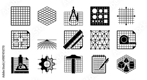 Technical drafting icons set, engineering blueprint symbols on grid paper, 15 black vector elements for architecture and industrial design projects