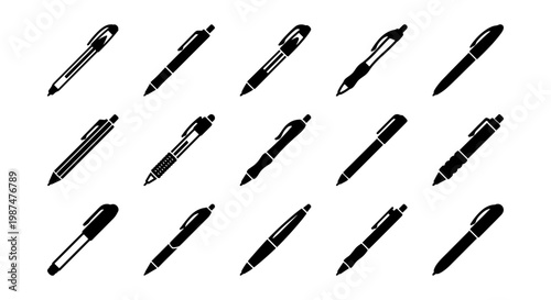 Minimalist pen icon set, collection of 15 black ballpoint and fountain pen vector illustrations, office stationery and writing tools for business