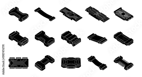 Isometric futuristic microchip set, 15 black hardware components, sci-fi computer processor icons, high-tech electronic circuit board elements