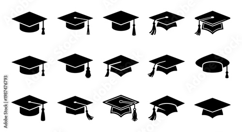 Graduation cap icon set, 15 black academic mortarboard vector symbols, university commencement hat silhouettes for education design