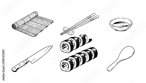 Line illustration set of sushi and Japanese food items, including rolls, chopsticks, and utensils, representing culinary design and food culture concepts.