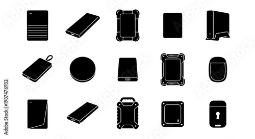 External hard drive icon set, 15 black silhouette computer storage device vectors, portable SSD and HDD hardware symbols for data backup