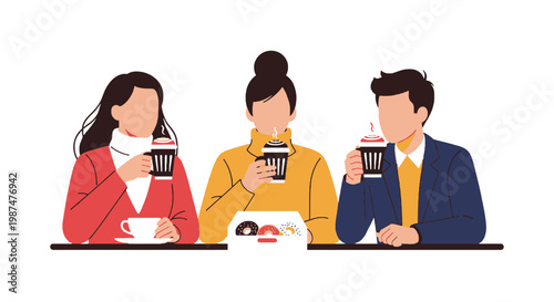 Group of People Enjoying Coffee and Cakes at Café Table