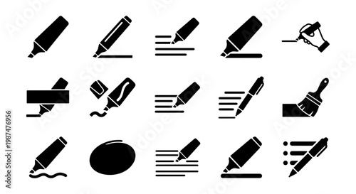 Black highlighter pen icons set, 15 marker and felt tip pen vector symbols, stationery and office supply graphics for highlighting text and editing