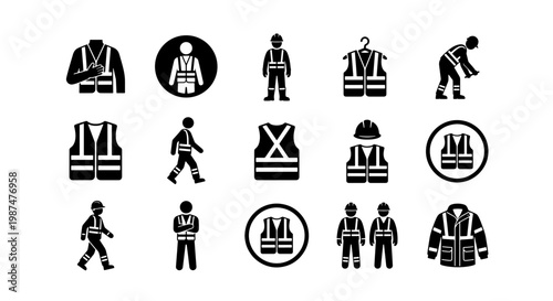 Safety vest icons set, industrial high visibility clothing vector elements, construction worker PPE symbols, reflective jacket and workwear collection