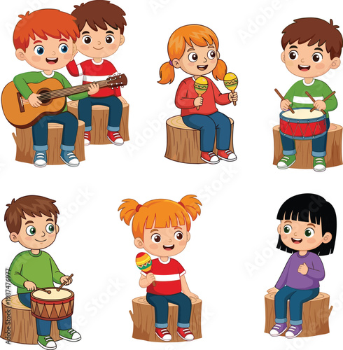 Children sitting on wooden stumps joyfully playing guitar, drums, and maracas in outdoor band practice teamwork music activity illustration concept