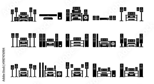 Home theater system icons set, black silhouette audio equipment and speaker collection, 15 vector elements for entertainment technology