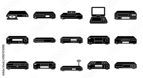 Retro video player icons set, 15 black silhouette electronic media devices, vintage home theater equipment and DVD player vector illustrations