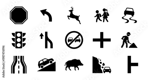 Road traffic sign icon set, black silhouette street warning symbols, 15 vector elements for transportation and highway safety navigation