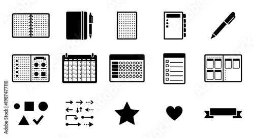 Minimalist planner icon set, black and white stationery vector elements, 15 productivity and organization icons for digital journaling and scheduling