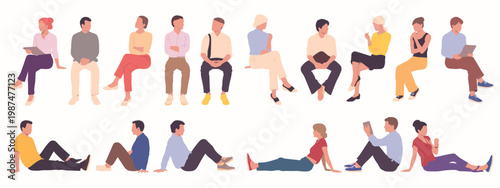 Diverse Group Of People Sitting And Lying Down In Flat Design Style On A White Background vector illustration