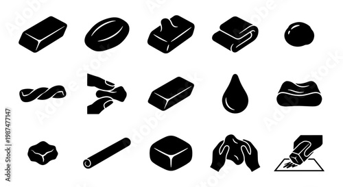 Black solid icons of modeling clay and pottery tools, set of 15 vector elements for craft and hobby, sculpting materials and dough shapes