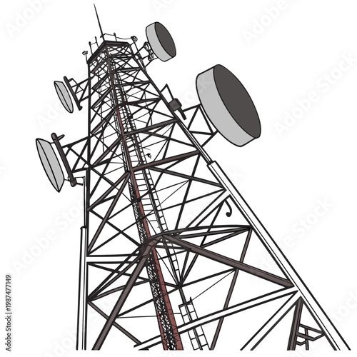 A tall metal communication tower with several satellite dishes and antennas on top