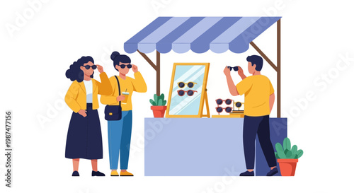 People Shopping at Market Stall with Sunglasses and Fashion Accessories