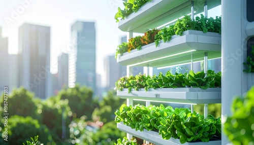 modern vertical urban farm with lush greenery and city skyline background