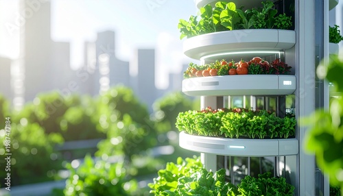 modern vertical hydroponic farm tower with fresh vegetables in urban setting