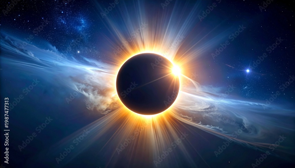 Fototapeta premium Dramatic total solar eclipse with radiant corona and cosmic light rays in deep space