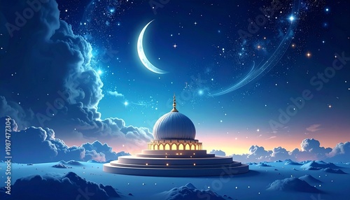 3D fantasy mosque dome floating above starry clouds at night with crescent moon