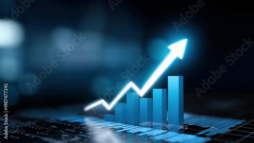 Tracking slow motion pan and zoom of bar chart with rising arrow showing growth on digital financial dashboard screen in dark blue bokeh environment