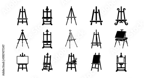 Black easel icon set, 15 artist tripod silhouettes, wooden painting stand collection for art studio branding, creative canvas display vector