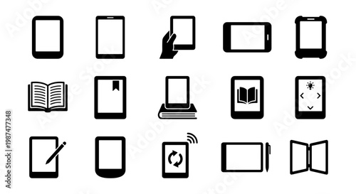 E-reader and tablet icon set, 15 digital reading device symbols, black and white electronic book vector icons for mobile apps and web design