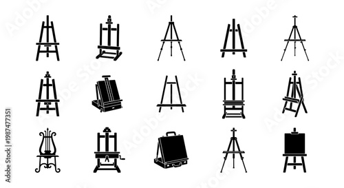 Black easel silhouette icons set, 15 professional artist tripod stands for painting, wooden studio display equipment vector collection