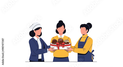 Female bakers with layered cake in bakery shop
