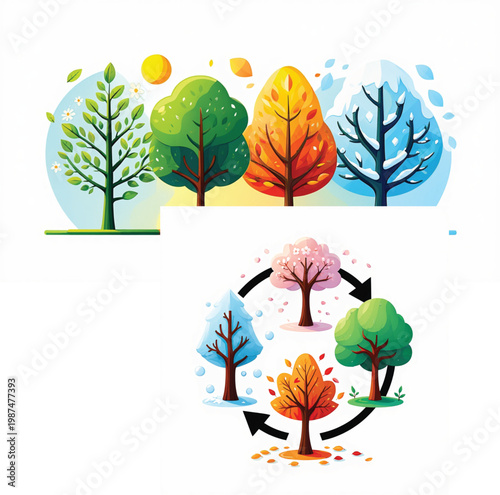A simple illustration of a tree shown in four different seasons with changing leaves and colors throughout the year