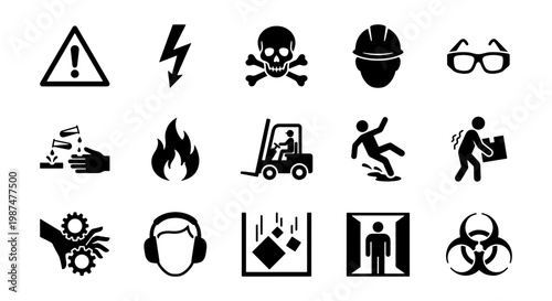 Industrial Safety Warning Icons, 15 Black Occupational Hazard Symbols, Workplace Health and Safety Vector Set for Construction and Factory Signage