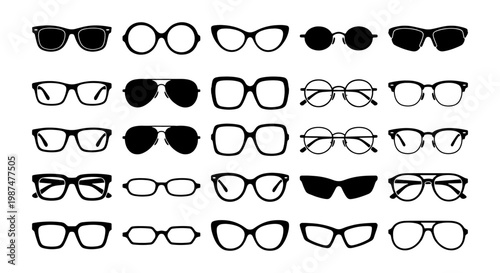 Black eyewear icons set, 25 vector glasses silhouettes, stylish optical frames and sunglasses collection for fashion design and vision care