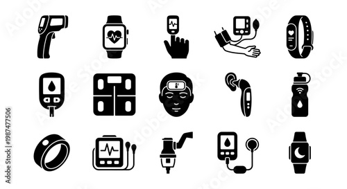Medical health tracking icons set, 15 black solid vector symbols of wearable technology, digital healthcare devices and diagnostic tools