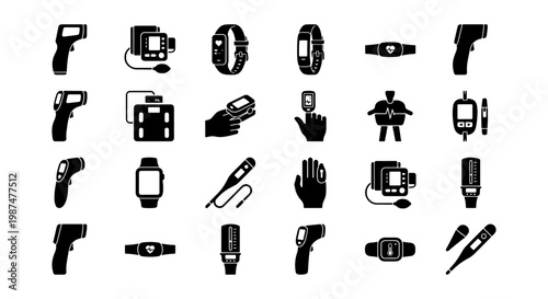 Medical health monitoring devices icon set, 24 black solid vector symbols of diagnostic equipment, digital thermometer and blood pressure monitor icons